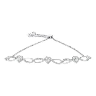 .925 Sterling Silver Diamond Accent Heart and Infinity 4”-10” Adjustable Bolo Bracelet (I-J Color, I3 Clarity) For Sale
