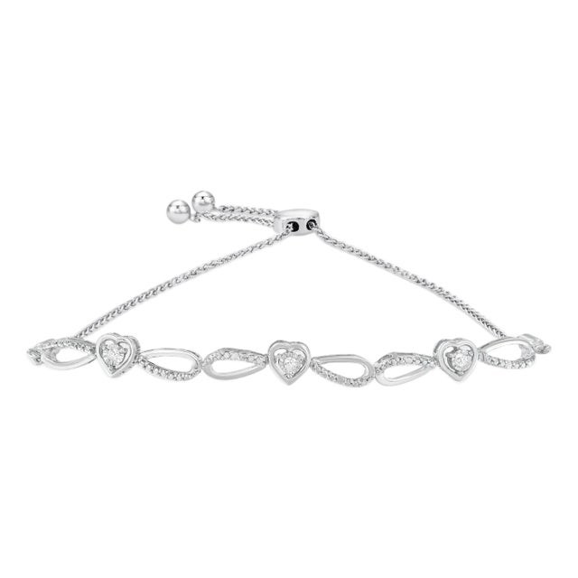 .925 Sterling Silver Diamond Accent Heart and Infinity 4”-10” Adjustable Bolo Bracelet (I-J Color, I3 Clarity) For Sale