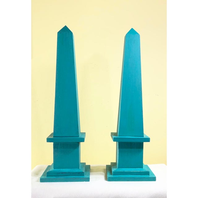 Pair of Hand-Painted Solid Wood Decorative Obelisks – Vibrant Turquoise Color For Sale - Image 12 of 15