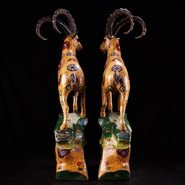 Bronze Late 20th Century Pair of Gilt Bronze Cloisonné Enamel Ram Figures on Rockery Bases For Sale - Image 8 of 9