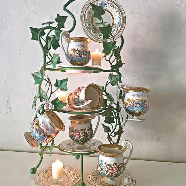 1950s Vintage Porcelain Tea Cup & Saucer Set Hand-Painted White, Gold & Jewel Tones- 12 Pieces For Sale - Image 14 of 18