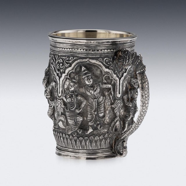Antique 19th Century Burmese Silver Repoussé Jataka Tales Mug, 1890 For Sale - Image 4 of 16