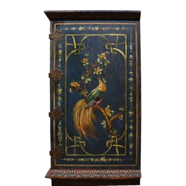 Chinoiserie 2-Piece Chinoiserie HND Painted & Carved Floral Cabinet C1910 For Sale - Image 3 of 18