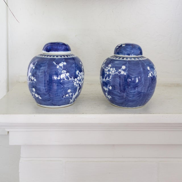 Ceramic Pair of Blue and White Chinese Chinoiserie Prunus Blossom Lidded Ginger Jars For Sale - Image 7 of 14