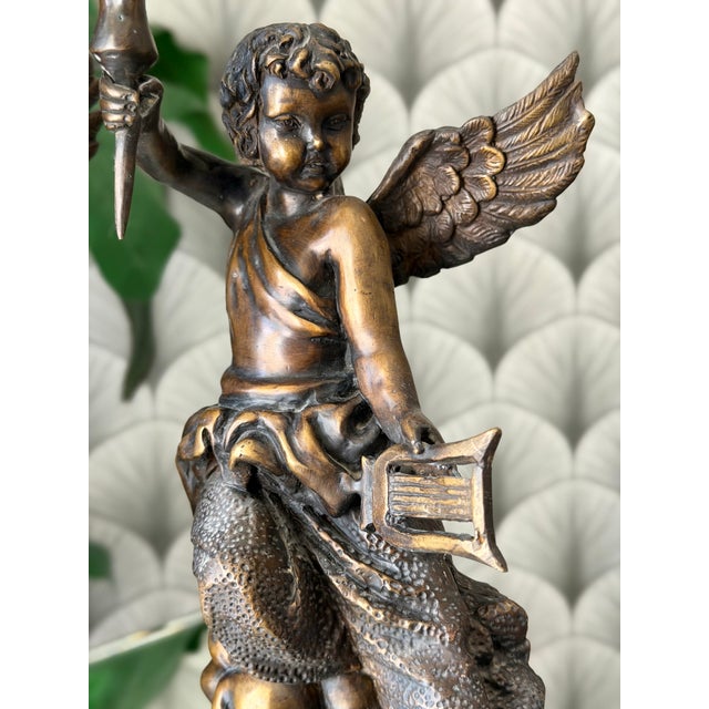 Early 20th Century Antique Art Nouveau Brass Bronze Cherub Cupid Angel Candlestick Holder Sculptures - A Pair For Sale - Image 5 of 18
