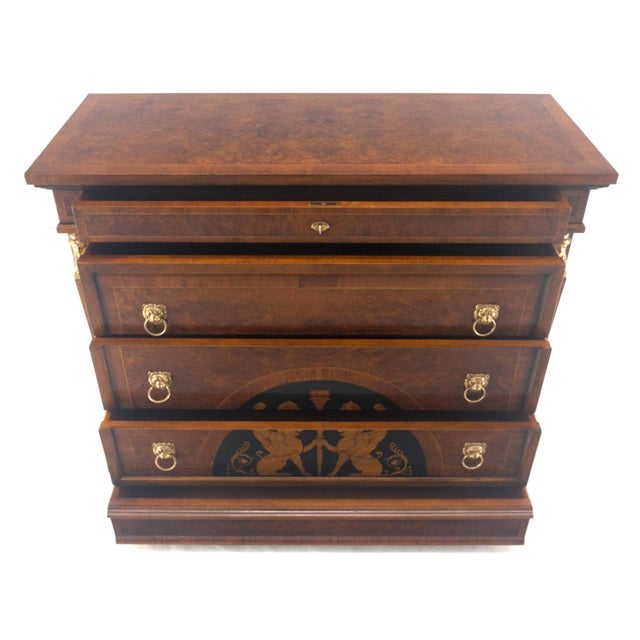 Brown Bronze Mounts & Pulls Burl Wood Inlay Neoclassical 4 Drawers 48" Dresser MINT! For Sale - Image 8 of 14