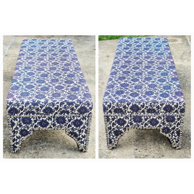 2010s Ralph Lauren Style Oversized (5' Long) Blue & White Floral Upholstered Ottoman Bench For Sale - Image 5 of 9