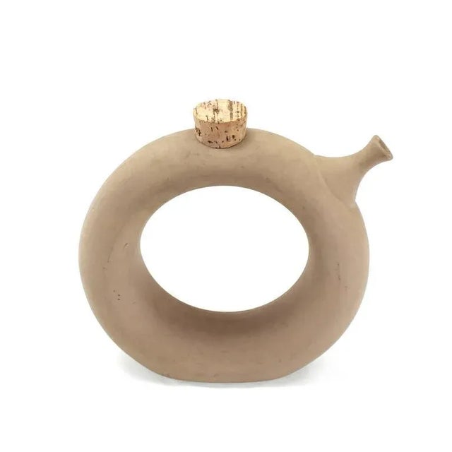 Mid-Century Modern Circular Donut Shape Signed Pottery Pitcher Wine Jug For Sale - Image 3 of 11