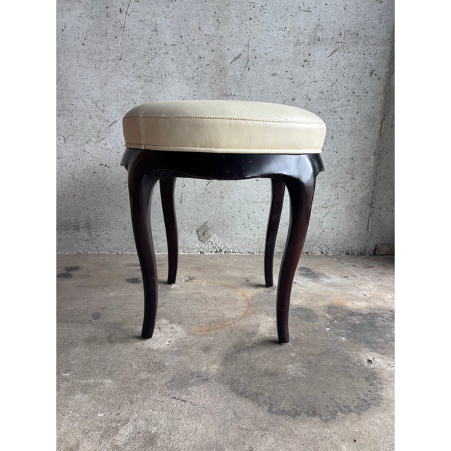 Mid-Century Modern Barbara Barry for Baker Vanity Stool, Leather, Sculpted Wood Base For Sale - Image 3 of 7