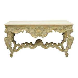 Antique French Louis XV Rococo Style Shell Carved Marble Top Console Table