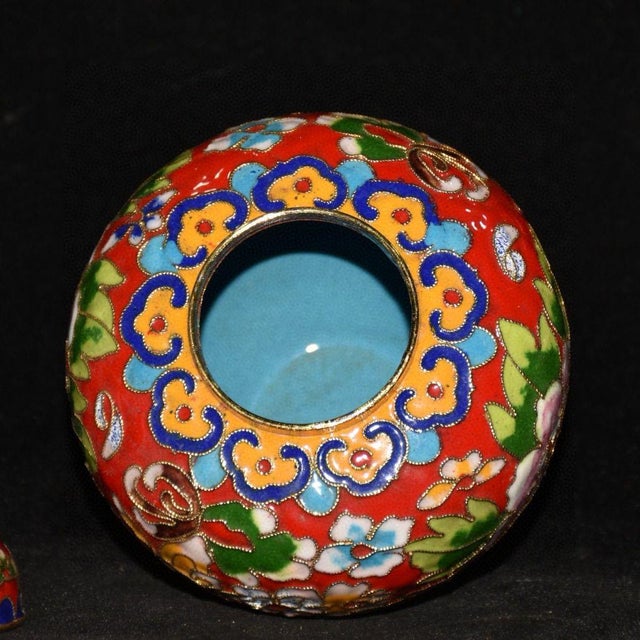 1940s Cloisonné Enamel Small Melon Ginger Jar With Peony Motif and Lid For Sale - Image 5 of 9