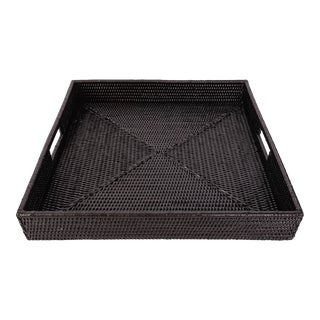 Artifacts Rattan Square Serving Tray with Cutout Handles in Black, Small For Sale