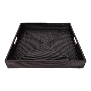 Artifacts Rattan Square Serving Tray with Cutout Handles in Black, Small
