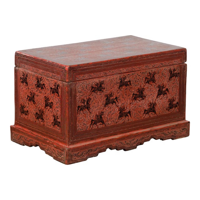 Chinese Late 19th Century Red Trunk with Black Hand-Painted Riders on Horses For Sale