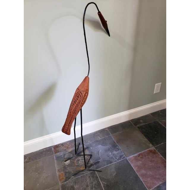Contemporary Tall Hand-Carved Wood & Iron Crane Sculpture, Modern Folk Art For Sale - Image 3 of 7