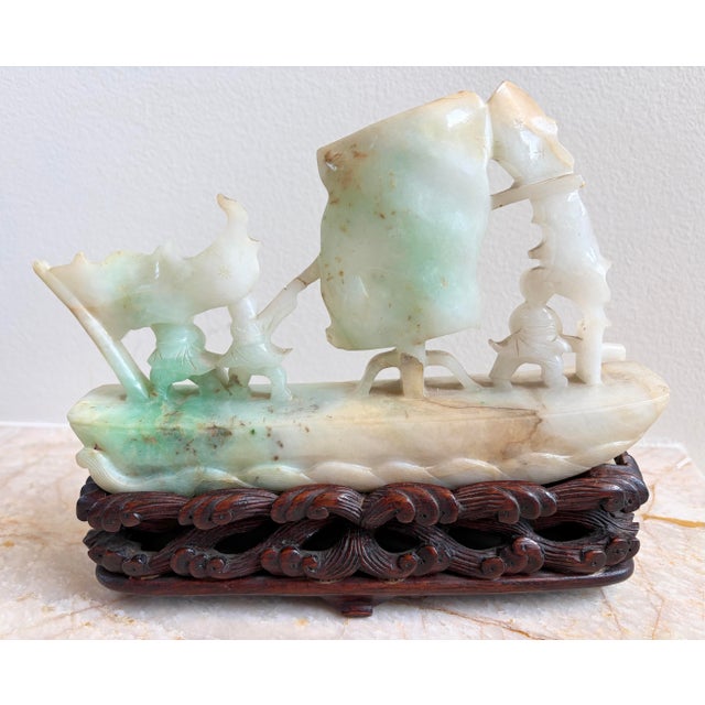Late 19th Century Antique Chinese Qing Heavy Jadeite Jade Boat Smooth Sailing Figurines W/ Stand For Sale - Image 5 of 12