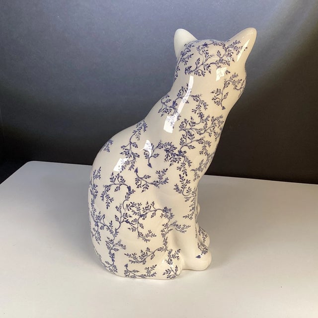 Chinese Vintage Chinese Blue and White Floral Ceramic Cat Figurine For Sale - Image 3 of 7