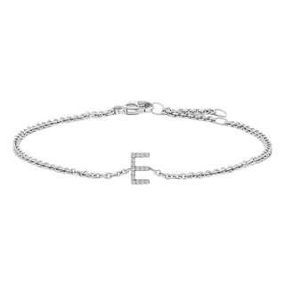10K White Gold Diamond Accent "E" Initial Charm and Link Bracelet For Sale