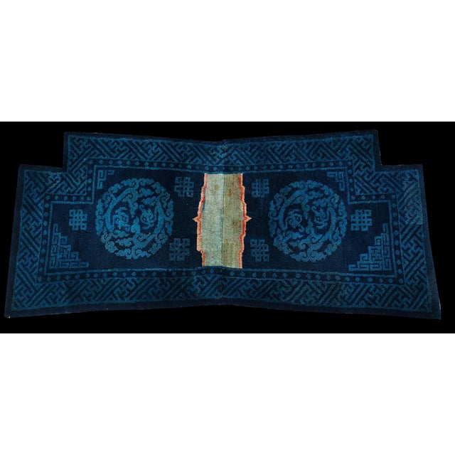 1930s Blue Geometric Medallion Antique Chinese Horse Corver Hand Knotted Rug 1'10"x4' Wool Carpet For Sale In New York - Image 6 of 7