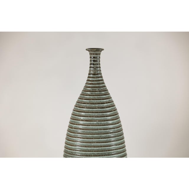 Tall Artisan Ceramic Hand-Crafted Vase with Ribbed Body and Green Glaze For Sale - Image 4 of 16
