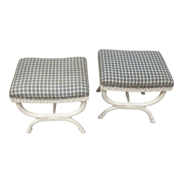 Vintage X-Frame Stool With White Paint and Greek Key Details-Pair For Sale