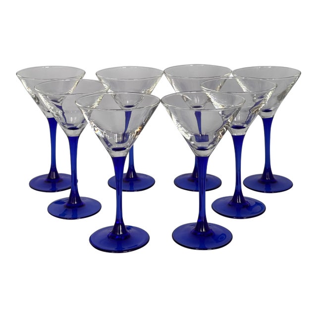 Vintage Set of 8 French Cobalt Blue Arcoroc France Martini or Champange Glasses For Sale