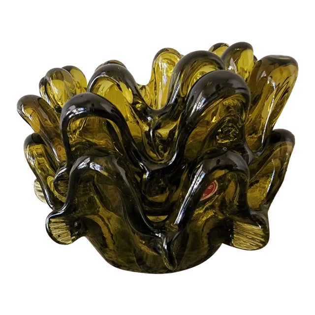 1960s Italian Olive Green Hand-Tooled Art Glass Bowls, Set of 3 For Sale