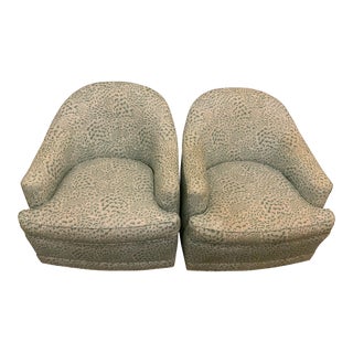 Pair of Custom Mint Green Floral Swivel Chairs For Sale