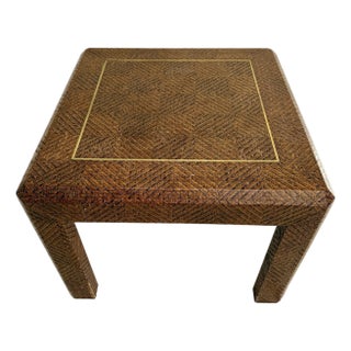 Attributed Harrison Van Horn Woven Reed Side Table With Geometric Pattern & Brass Inlay For Sale
