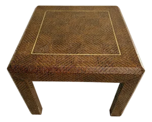 Attributed Harrison Van Horn Woven Reed Side Table With Geometric Pattern & Brass Inlay