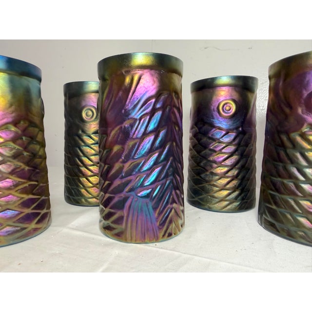 1990s John Cook Koi Fish Iridescent Cobalt Glass Tumbler Cup - Lot of 8 For Sale - Image 9 of 15