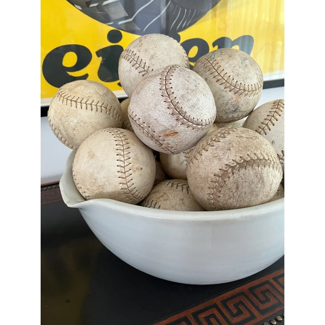White 1930s Large Vintage Stoneware Spouted Bowl With 15 Vintage Softballs For Sale - Image 8 of 10