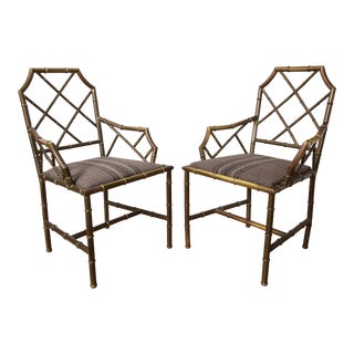 Chippendale Style Brass Bamboo Armchairs- A Pair For Sale