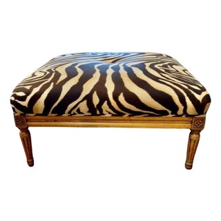 Vintage Louis XVI Ottoman in Clarence House Zebra Linen For Sale