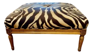 Vintage Louis XVI Ottoman in Clarence House Zebra Linen