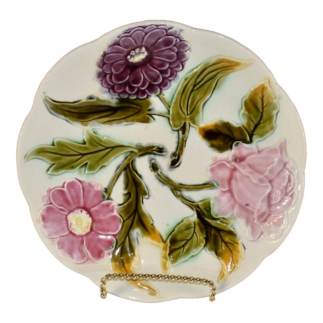 19th Century French Majolica Floral Plate For Sale