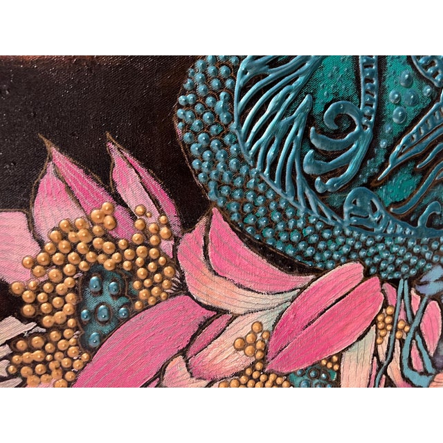 Contemporary Unknown, Chinese Large Modernist Color Painting Asian Dragon Vase, Flowers Textured Paint For Sale - Image 3 of 11