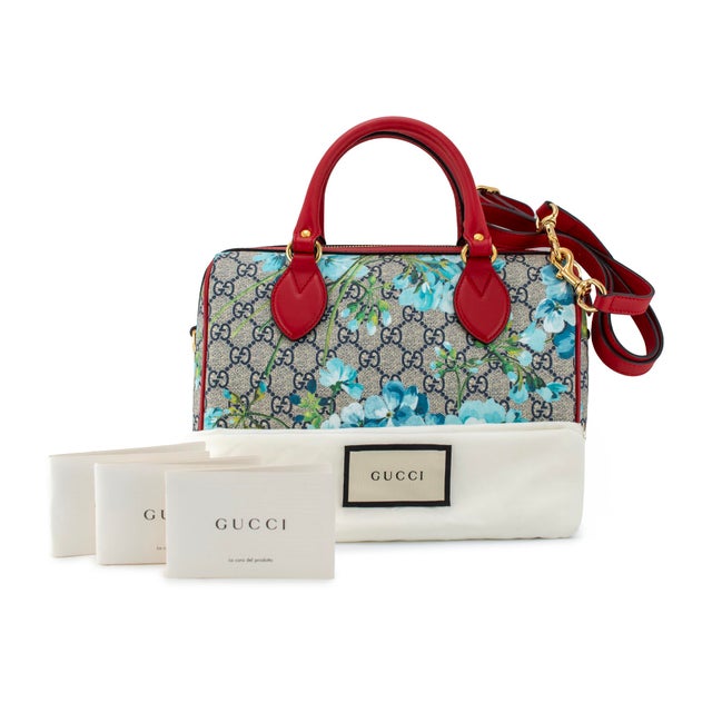 Gucci Gg Blooms Gg Supreme Floral Blue and Red Small Boston Shoulder Bag For Sale - Image 11 of 12
