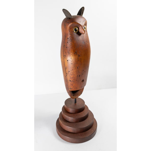 American 1980's Carved Wood Folk Art Owl After Smithsonian Museum Example, Signed For Sale - Image 3 of 13