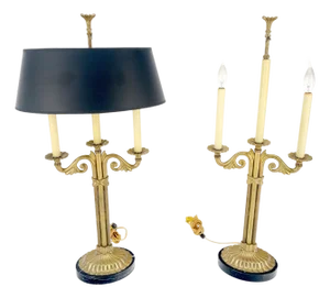 Pair of Solid Brass & Marble Candelabra Style Table Lamps w/ Matching Shades