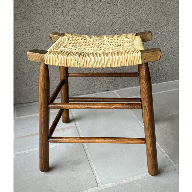 Cabin Mid 20th-Century Refined Rustic Maple Wood Mortise & Tenon Fiber Rush Saddle Seat Bench / Stool For Sale - Image 3 of 18