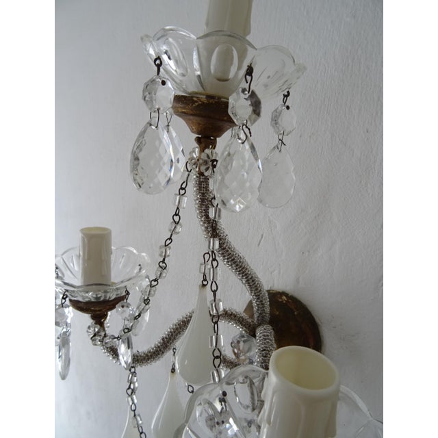 1900 French White Opaline Murano Drops Micro Beaded Crystal Sconces 3 Lights For Sale - Image 10 of 12