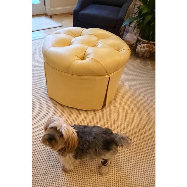 Custom Butter Yellow Tufted Leather Ottoman, Footstool For Sale - Image 15 of 18