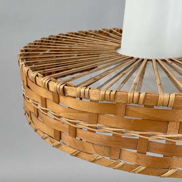 Rattan and Frosted Glass Pendant attributed to Doria, Germany, 1960s For Sale - Image 9 of 17