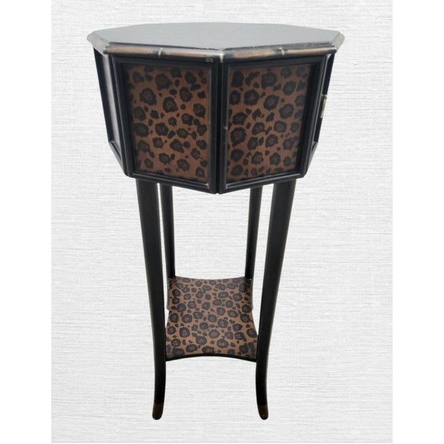 Hollywood Regency 1990s Small Leopard Print Faux Bamboo Octagonal 1 Drawer Tall Side Table For Sale - Image 3 of 8