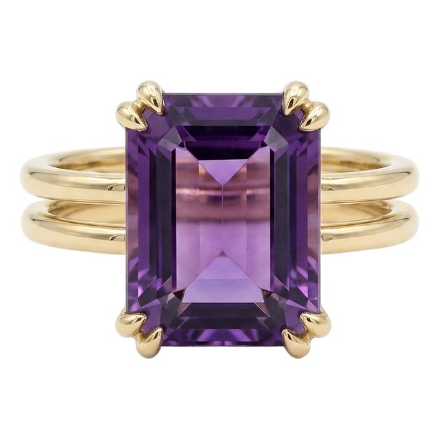 14k Yellow Gold Plated Emerald-Cut Amethyst Statement Ring – Double Band Solitaire Ring, Size 7 For Sale