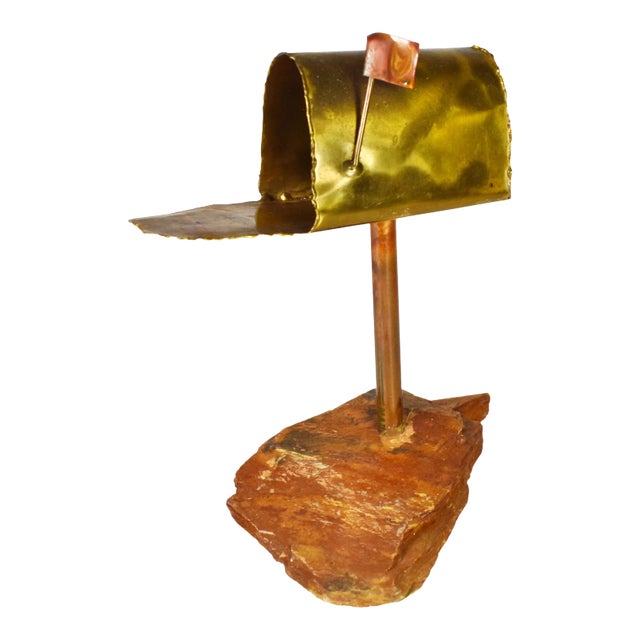 1980s Handmade Brass Copper Mail Box Note Holder Decor on Stone Base For Sale