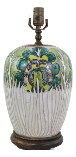 Antique Chinese Famille Rose Bok Choy Porcelain Table Lamp With Cabbage Leaf and Butterfly Motif