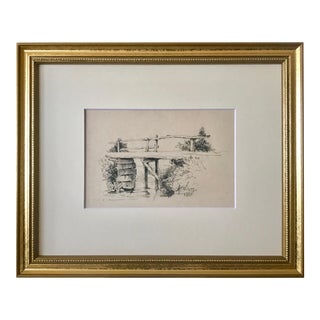 Antique European School Drawing of a Bridge Artist Signed Dated 1881 For Sale