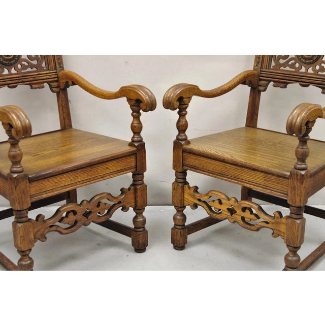 Wood Antique Vanleigh Carved Oak Italian Renaissance Style Throne Arm Chairs - A Pair For Sale - Image 7 of 12